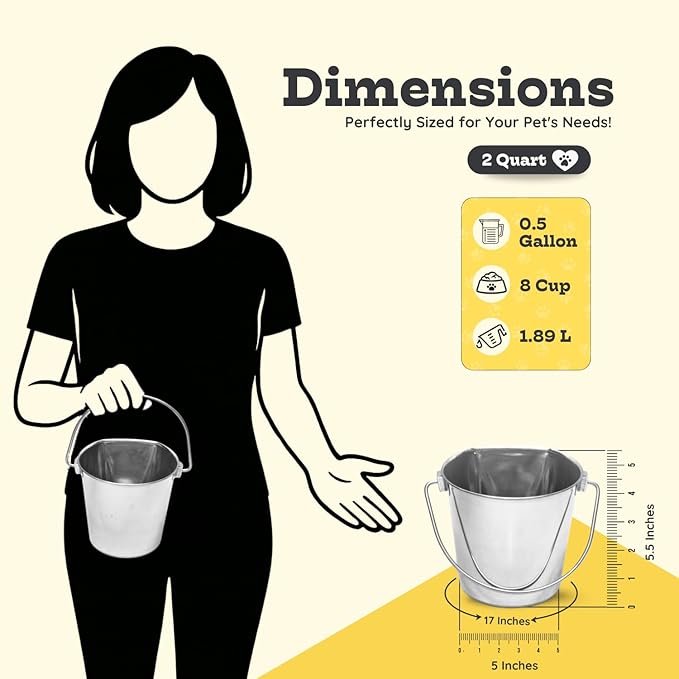 Flat Sided Stainless Steel Bucket 2 Quart Hanging Feeding Pail for Small Dogs Cats Birds, Fits Kennel Cages Compatible, Heavy Duty Food and Water Feeder, 0.5 Gallon Silver Buckets 2 Packs