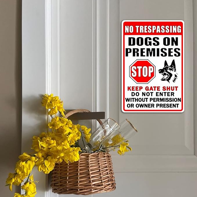 Funny Beware Of Dog Sign Warning Do Not Enter Metal Signs No Trespassing Dogs On Premises Tin Signs Dog In Yard Stop Keep Gate Closed Sign For Fence Door Outdoor Decorations 8x12 Inch