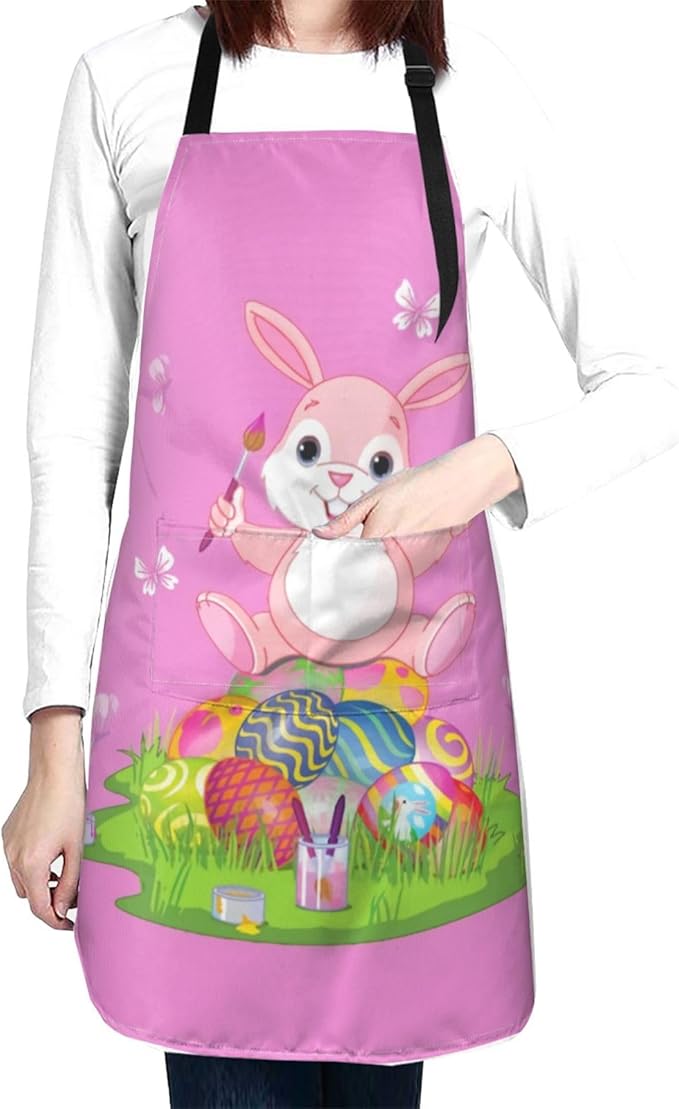 ASYG Cute Easter Rabbit & Eggs Apron Adjustable with 2 Pockets Bunny Easter Gift Kitchen Baking Gardening Work Apron