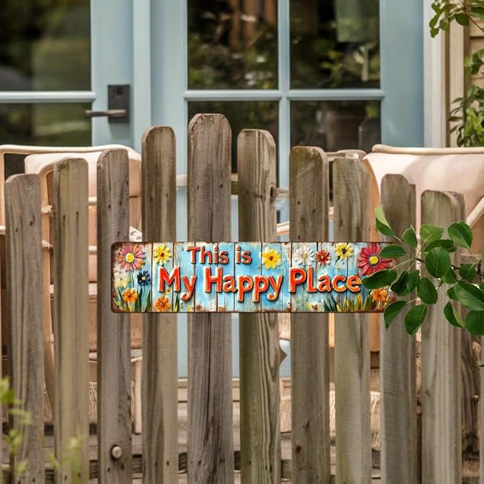 This is My Happy Place Metal Tin Sign Rustic Floral Wall Decor for Farmhouse Kitchen Living Room Bedroom Entryway 4x16 Inch