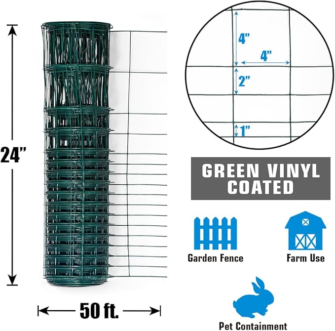 Fencer Wire 16 Gauge Green Vinyl Coated Rabbit Guard Fence, Poultry Fencing Wire Roll for Garden Yard Vegetable Plant, Protecting Against Rabbits, and Other Small Animals Damage (24 in. x 50 ft.)