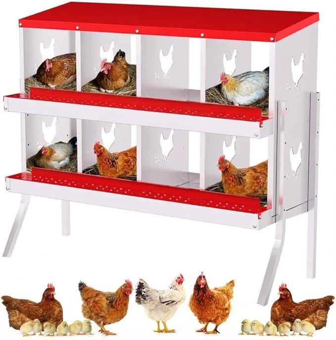 Chicken Nesting Box,8 Holes Galvanized Steel Metal Chicken Laying Box with Automatic Roll-Away Egg Collection System & Removable Tray,Wall Mount Nesting Boxes