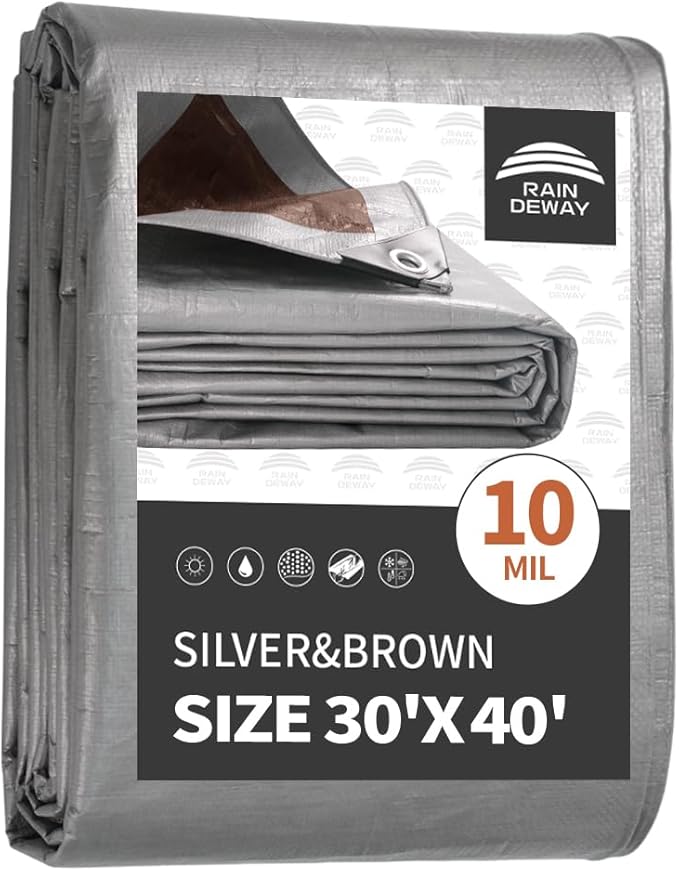 RAINDEWAY Tarps Heavy Duty Waterproof 30x40 Feet,10Mil Thick Multipurpose Large Tarp Cover with Metal Grommets and Reinforced Edges,Silver/Brown Tarp