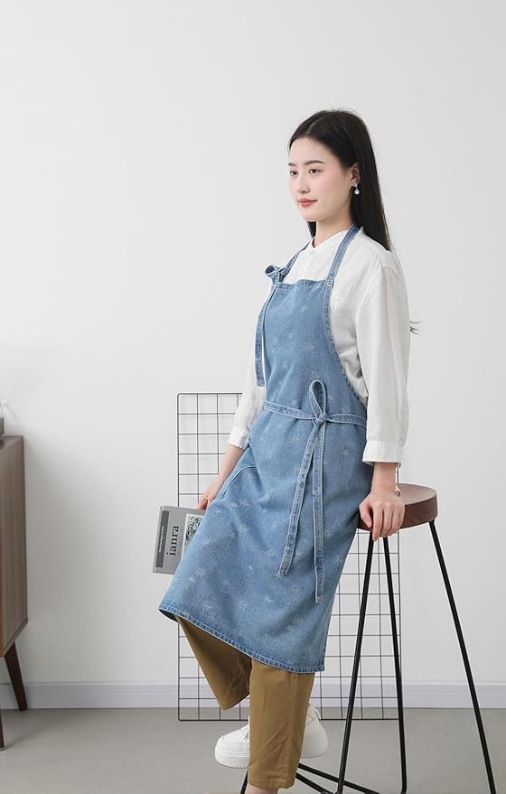 Cotton Denim Apron Soft - Unisex Adjustable Bib Apron with 5-Pockets Perfect for Kitchens