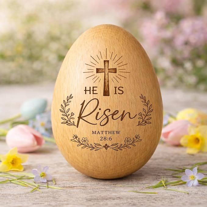 He Is Risen Wooden Egg Decor with Cross – Christian Engraved Wood Egg, Matthew 28:6 Bible Verse Religious Easter Table Decoration, Faith Gift for Christians, Church Spring Basket Display