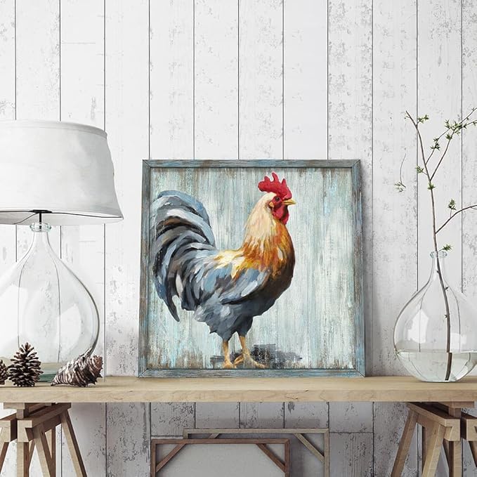 Rooster Wooden Wall Art Decor: Farm Cock Picture Country Animal Framed Artwork Rustic Farmhouse Chicken Painting is the Perfect Combination of Energy Nature for the Kitchen Bedroom 16"x16"