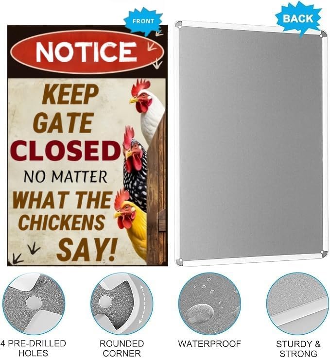 Keep Gate Closed Sign - Rustic Farm Metal Sign for Chicken Coop, Yard, Garden Fence or Outdoor Barn Decor, 12x8 Inch