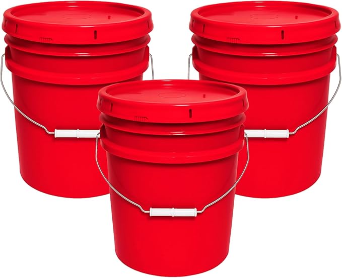 5-Gallon Bucket with Airtight Lid – Made in USA, Food Grade BPA Free Plastic, Heavy Duty Multi-Use, Metal Handle with Grip, Stackable Storage – Red, 3 Pack
