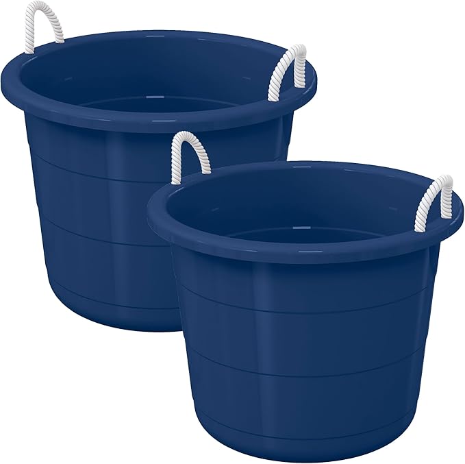 Life Story Open Storage Bucket, Round Plastic Container with Rope Handles, 17 Gallon, Blue, 2 Pack