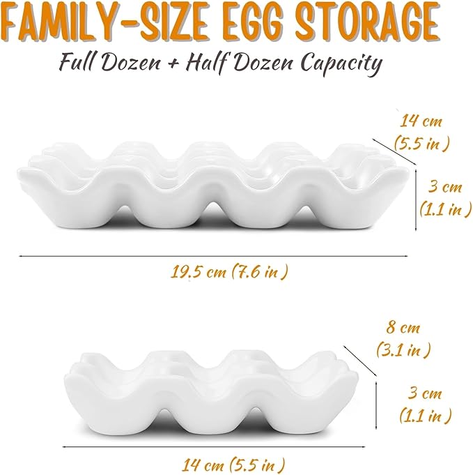 Flexzion 12 + 6 Cups Ceramic Egg Holder for Fridge - 18 Porcelain Egg Tray Container Keeper Storage Organizer Decorative Serving Stand Serveware for Refrigerator Countertop Display Kitchen (White)