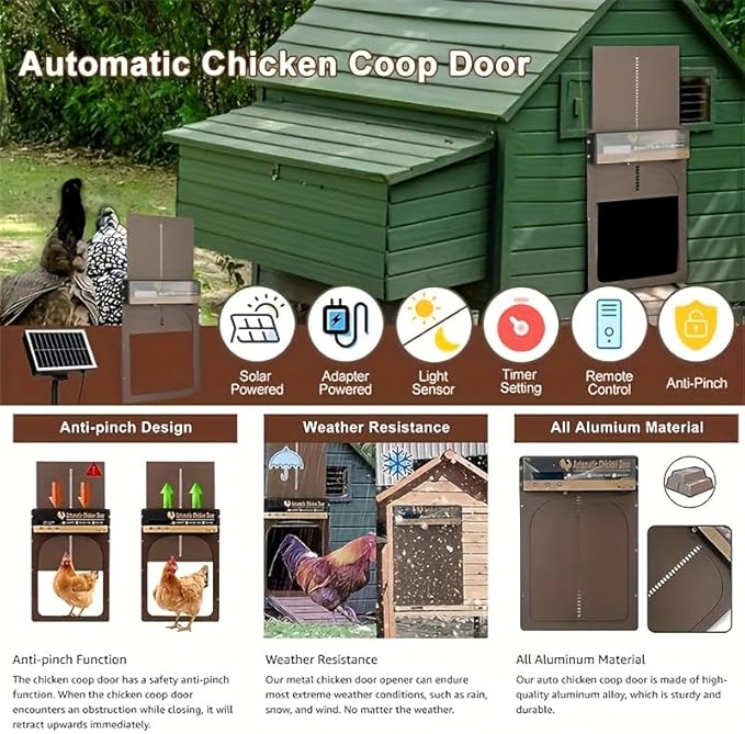 Automatic Chicken Coop Door Solar Powered, IP65 Waterproof Aluminum Auto Chicken Door with Timer Light Sensor Remote Control, Anti-Pinch Protection, LCD Display, 3 Power Modes for Poultry Duck Goose