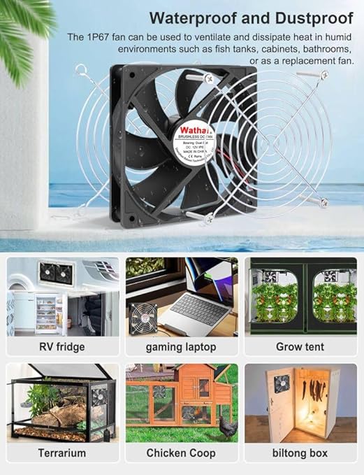 Wathai 120mm x 25mm DC 12V Waterproof Fan Dual Ball High Preformance for Electronic Equipment Cabinet or DIY Cooling Ventilation Exhaust Projects IP67 2 Pack