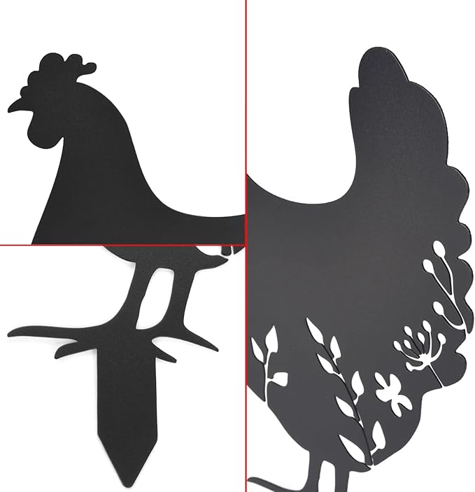 6Pcs Chicken Yard Art Garden Metal Statue Decor, Lifelike Rooster Hen Animals Stakes Outdoor Decorations, Black Hollow Out Chickens Family Silhouette Sets for Farmhouse Pathway Lawn