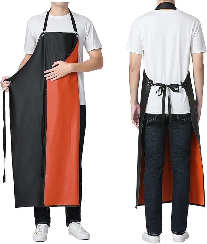Waterproof Rubber Vinyl Apron, 43'' for Dishwashing/Kitchen Cooking, Chemical Resistant MD006-Blackred