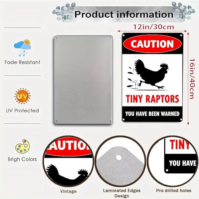 Caution Tiny Raptors Sign Aluminum Chicken Coop Signs for Farm Kitchen Rooster Hen House Decor Beware of Chicken Signs for Chicken Lady Lovers, 12x16inches