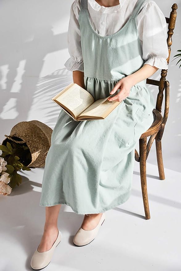 NEWGEM Cotton Linen Cross Back Apron for Women with Pockets for Cooking Gardening Turquoise without Waist Ties