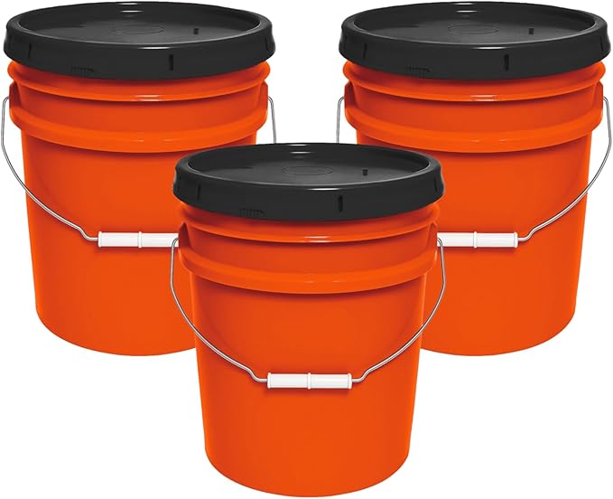 5-Gallon Bucket with Airtight Lid – Made in USA, Food Grade BPA Free Plastic, Heavy Duty Multi-Use, Metal Handle with Grip, Stackable Storage – Orange, 3 Pack