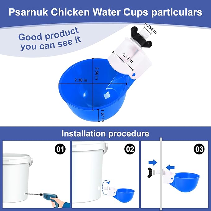 Chicken Waterer Cups (16 Pack/Blue) - DIY Automatic Large Chicken Water Feeder for Ducks Quail and Various Poultry Dispenser with Matching Drill, Double Rubber Ring, Not Leaking Wate
