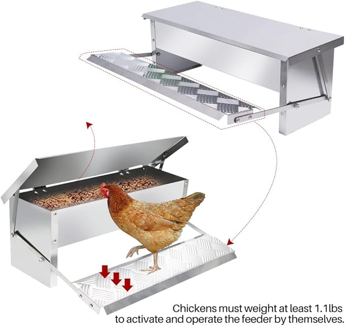 Automatic Chicken Feeder 5L Treadle Galvanized Steel Poultry Feeders Self-Opening Automatic Food, with Weatherproof Lid Rain Cover for Roosters Pheasant Chicken Outdoor Coop