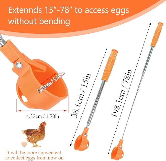 Extendable Egg Grabber for Chicken Eggs Picker Scoop Tool with Anti-Slip Handle for Picking Eggs Orange