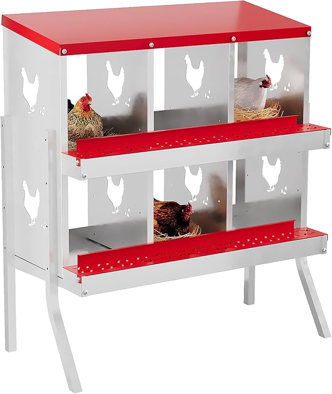 6 Hole Chicken Nesting Box, Galvanized Steel Nesting Boxes with Vented Design, Laying Nesting Boxes for Hens, Wall Mount, Red with Stand
