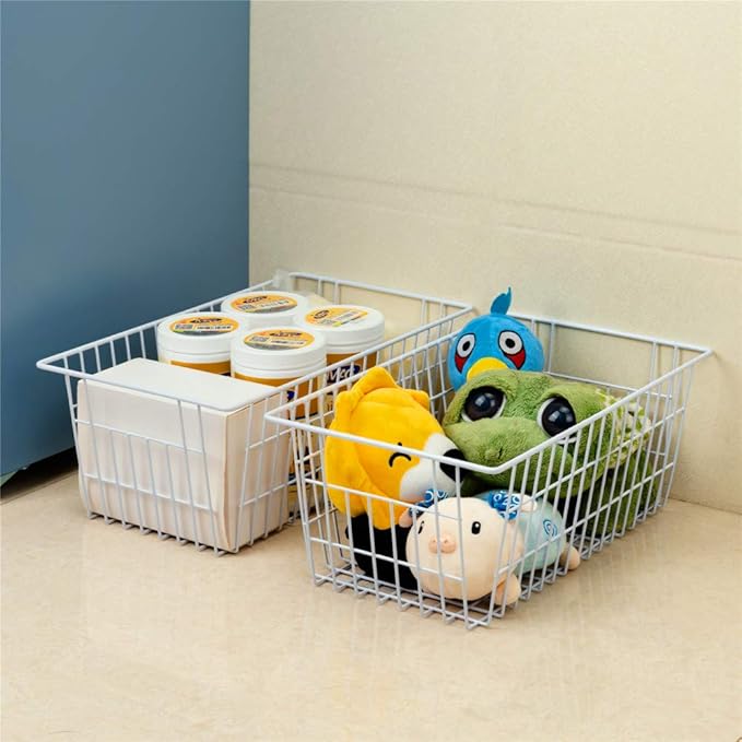 SANNO Freezer Baskets Pantry Storage Bins, Farmhouse Wire Storage Baskets Organizer Storage Bins Large Organizer Bins for Kitchen Organization Storage-Set of 8,White