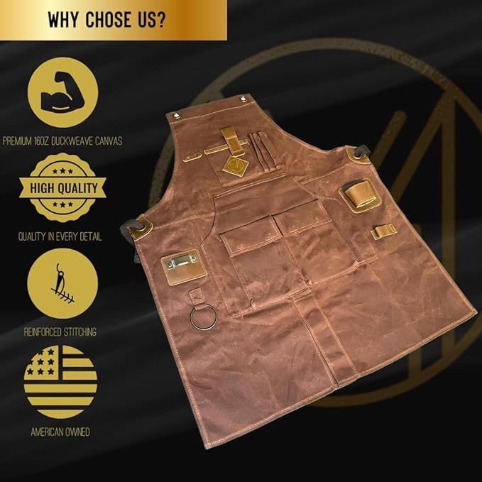 Mt Diablo 16oz - Woodworking Apron - Work Apron with Duck Weave Paraffin Waxed Canvas, Genuine Leather - Fits XS-XL
