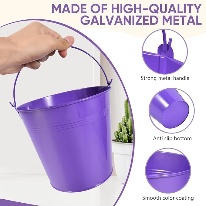 OBTANIM 7 Pack Purple Metal Buckets with Handle Galvanized Ice Pails for Plants, Succulents, Party Favors Organizing, Rustic Home Decor or Classrooms Pencil Storage (7.1 x 5.2 inch)