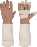 HANDLANDY Long Gardening Gloves for Men & Women, Thorn Proof Rose Pruning Gloves Leather Gauntlets Garden Glove Yard Work Glove (Warm Brown, Small)