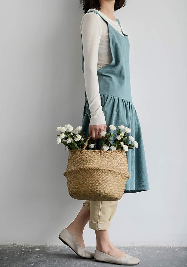 NEWGEM Cotton Linen Cross Back Apron for Women with Pockets for Gardening Cleaning Turquoise with Waist Ties