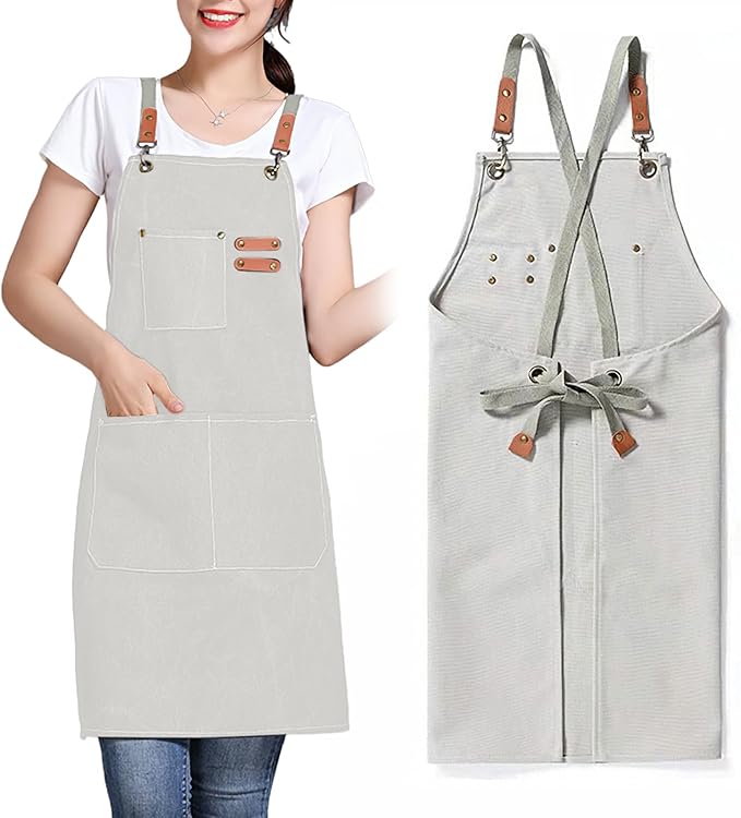 Unisex Aprons with Large Pockets,Cotton Canvas Cross Back Heavy Duty Adjustable Work Apron,Size Kids to Adult