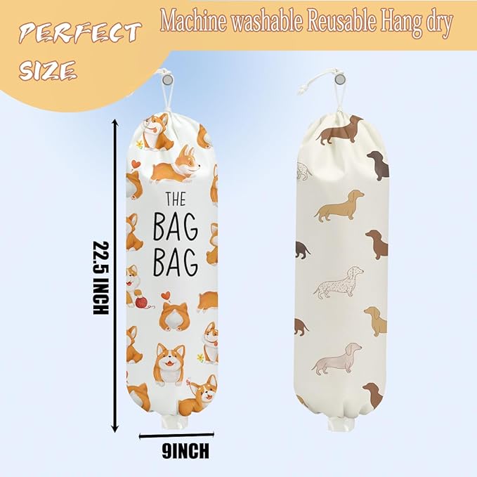 2PCS Dog Plastic Bag Holder, Wall Mount Grocery Bag Holder for Plastic Storage bag, Washable Storage Organizer Reusable Grocery Bags, Pull Rope Free Adjustment, Dog Lovers Gifts for Women