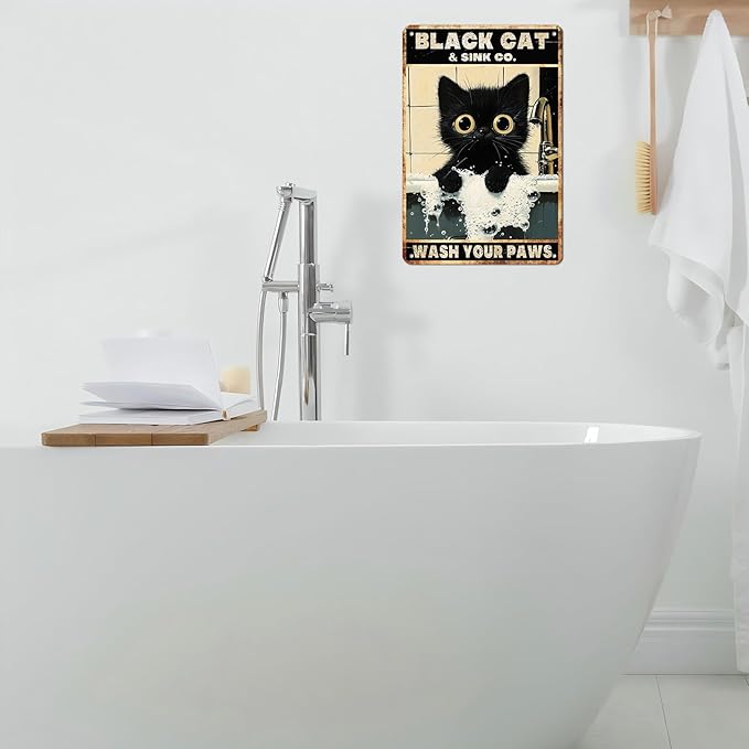 Vintage Black Cat Tin Sign Wash Your Paws Retro Wall Decor Decorations for Home Funny Cats Lovers Poster Indoor Store Cafe Toilet Bathroom Restroom Bar Pubs Farmhouse Farm Shop 12 * 8inch