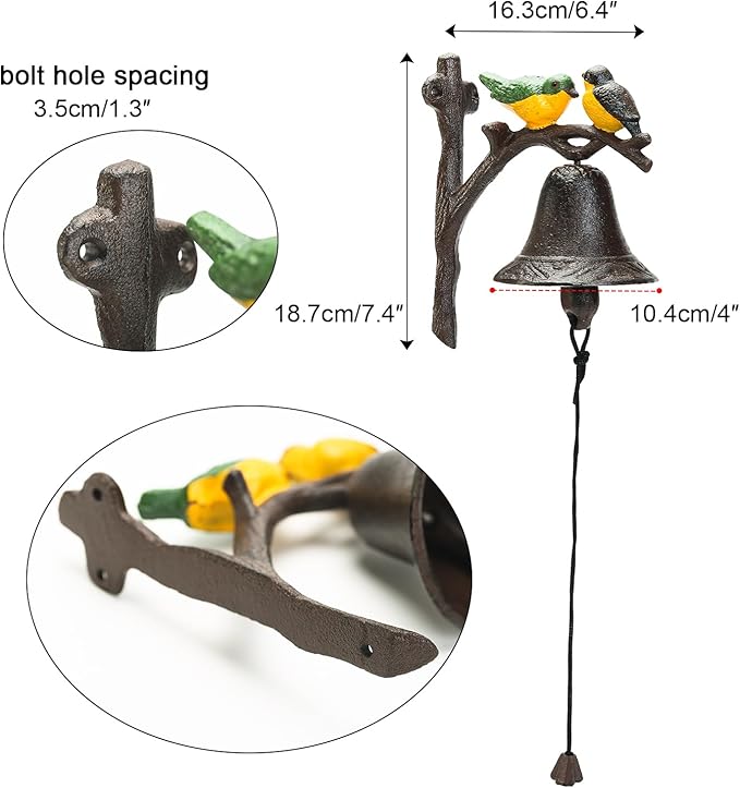 Sungmor Cast Iron Dinner Bell, Outside Farmhouse Door Bell, Wall Hanging Bell, Antique Lovely Color Birds Decorative Manually Shaking Doorbell, Indoor Outdoor Wall Mounted Ornamental Dinner Bell