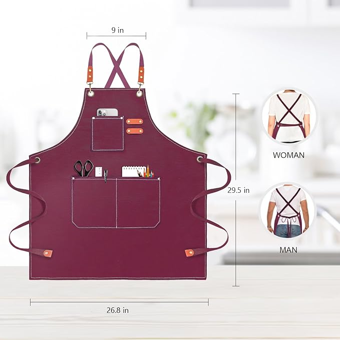 Chef Apron for Men Women Canvas Aprons with 3 Pockets Cross Back Resistant Work Apron for Cooking