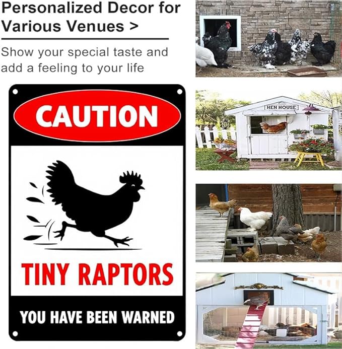 Caution Tiny Raptors Sign Aluminum Chicken Coop Signs for Farm Kitchen Rooster Hen House Decor Beware of Chicken Signs for Chicken Lady Lovers, 6x8inches