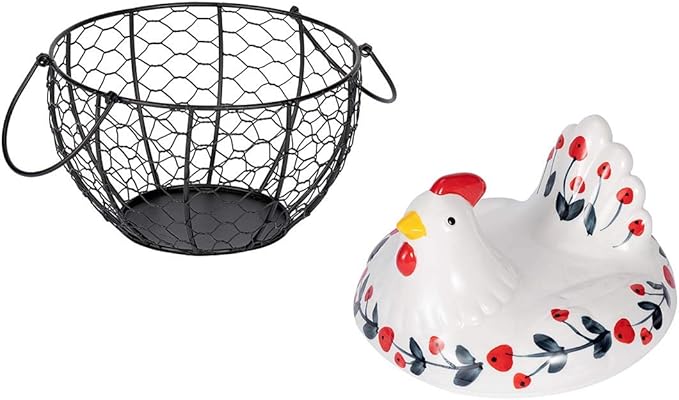 Chicken Design Ceramic Egg Storage Basket Iron Basket Holds 20-25 Eggs, Egg Holder, Organizer Case, Container Egg Basket Holder