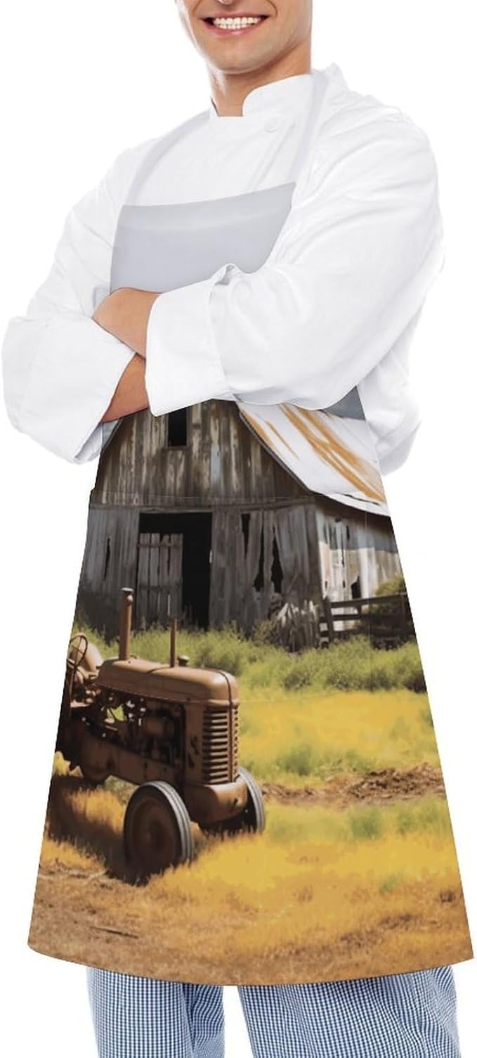 Old Wooden Barn with Rusted Tractor Apron with Pockets Water And Oil Resistant Kitchen Aprons Professional Adjustable Bib Apron for Women Men