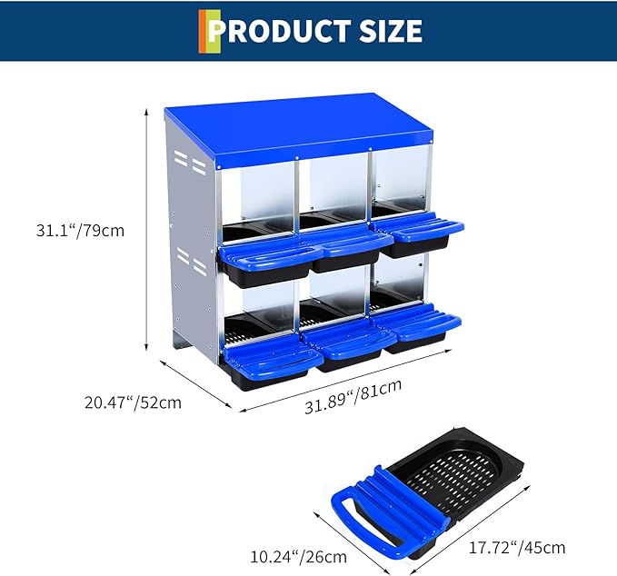 6-Hole Chicken Nesting Box, Roll Away Nest with Removable Tray, Rustproof Galvanized Steel, Easy Egg Collection & Cleaning, Wall-Mount Design - Blue