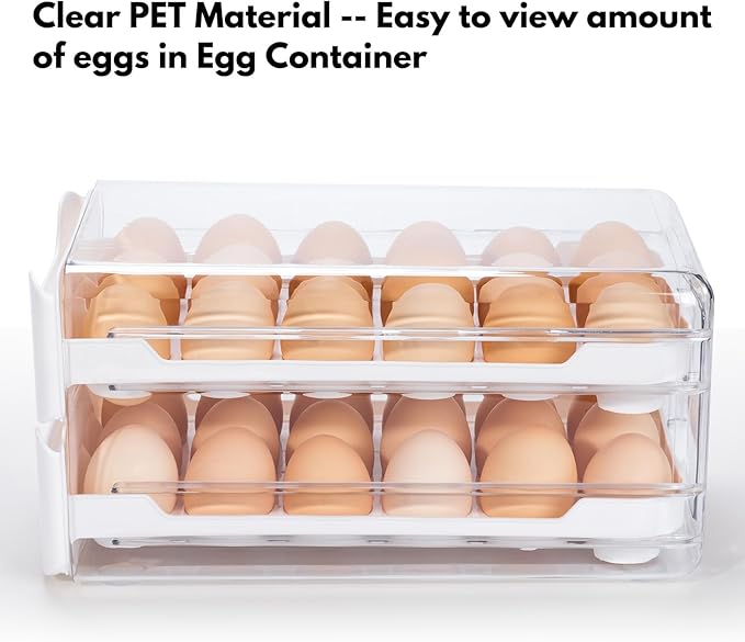 Egg Storage for Refrigerator, Egg Holder for Kitchen Countertop, PET & PP Egg Container for Fridge, Egg Dispenser for 36 Eggs, Double Layer, 18 Eggs per Layer (White)