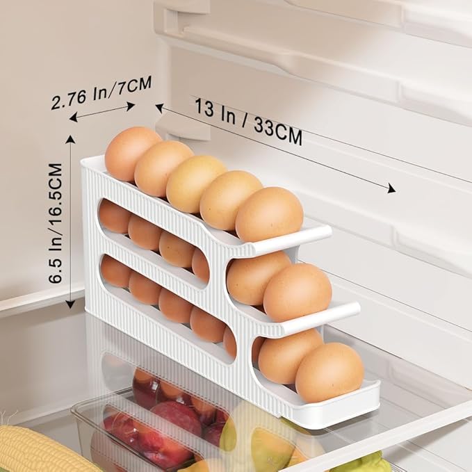 Sotfamily Egg Holder for Fridge, 3 Tiers Auto Rolling Egg Storage Organizer for Refrigerator, Slim Space Saving Container, Dispenser - Egg Roller for Eggs 18 Count
