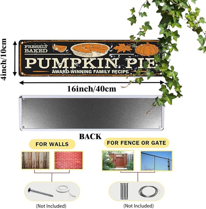 Rustic Fresh Baked Pumpkin Pie Metal Sign - Autumn Wall Decorative Sign - Pumpkin, Maple Leaf Design 16x4 Inch, Vintage Style Sign for Kitchen, Baking Room, Farmhouse Decor, Thanksgiving Day Decor