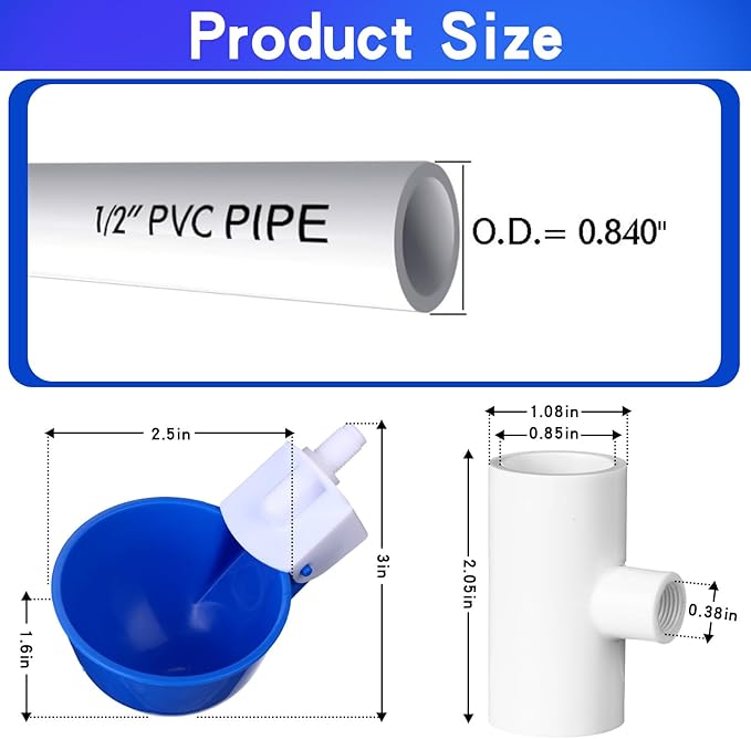 49 Pcs Automatic Chicken Waterer System Includes Chicken Water Cups 1/2" PVC Tee Fittings, PVC Pipes with Float Valve Controlled Fitting Poultry Waterer Chicken Water Feeder