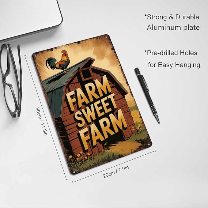 HSFHXY Rustic Farm Charm Motif - Farm Sweet Farm Motif 8x12 Inch Vintage Aluminum Metal Tin Signs-For Backyard Patio Porch Kitchen Living Room Wall Decor