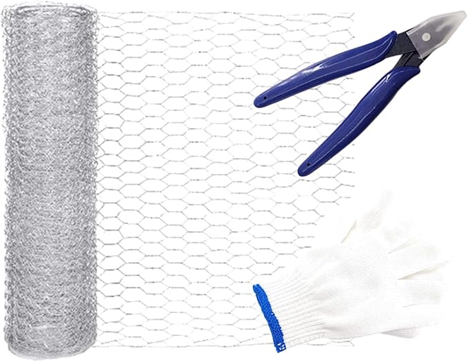 Hexagonal Galvanized Wire Mesh Fence Wire Netting for Poultry and Garden Use 0.4m X 5m Roll with Cutting Pliers and Protective Gloves for Outdoor Plant Support and Craft Projects