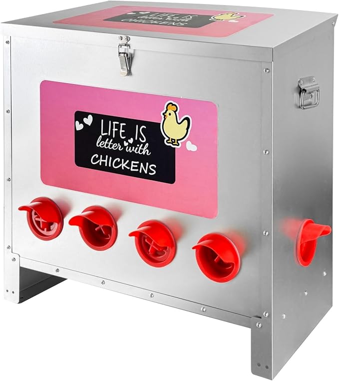 85-120LB Automatic Chicken Feeder with 10 Ports No Waste Galvanized Metal Poultry Feeder Outdoor Chicken Feeder Box with Handle and Locking Lid for Chickens Ducks Geese Silver