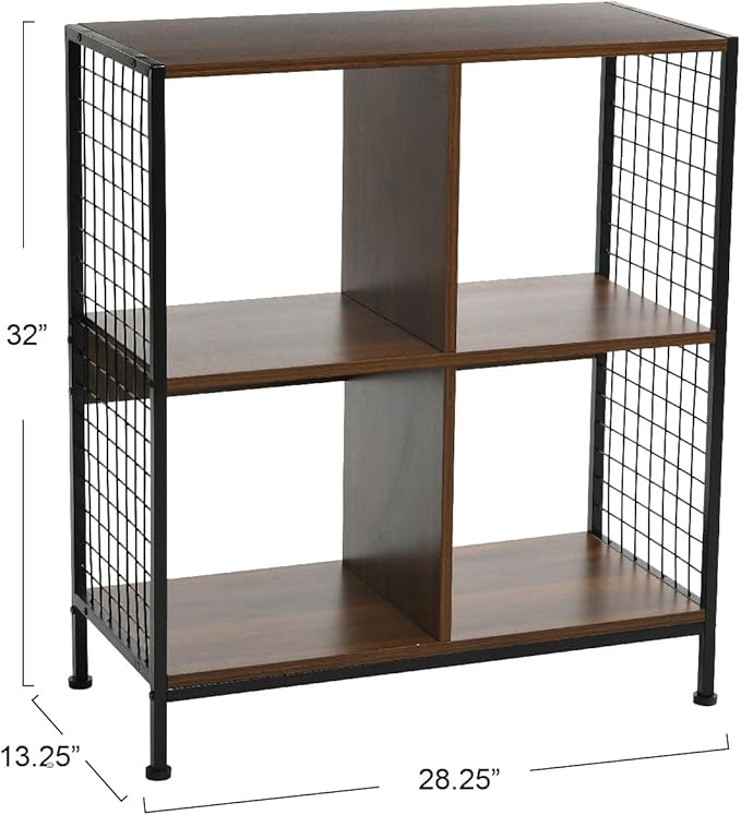 Household Essentials Trellis Open Storage Bookshelf with 4 Cube Compartments Mid Century Walnut Wood Grain and Black Metal