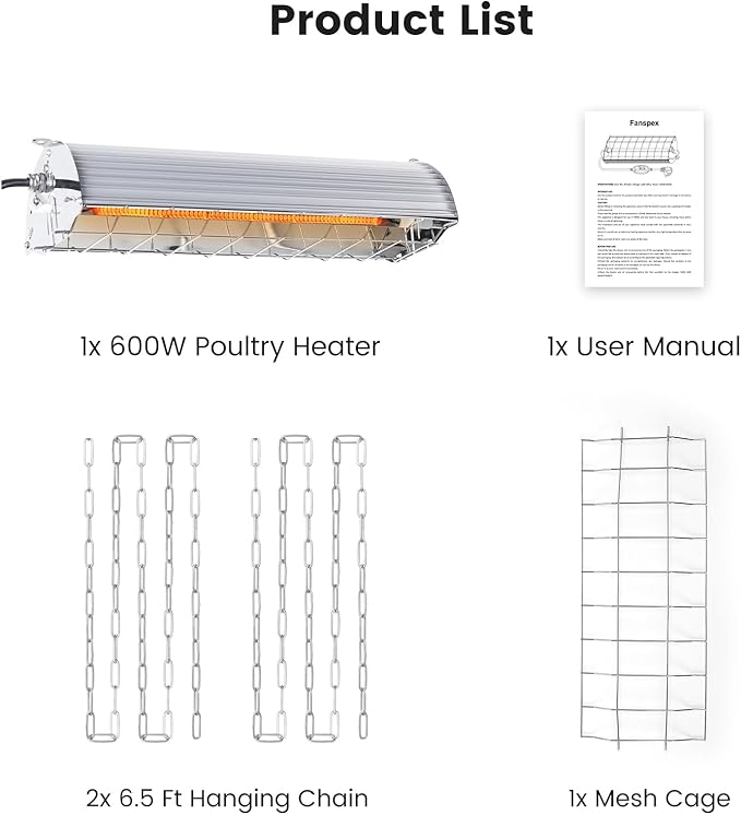 600W Hanging Heater for Poultry Chicken Coop Pet House Livestock Greenhouse, 2 Heating Mode with Adjust Height, 3S Fast Heating