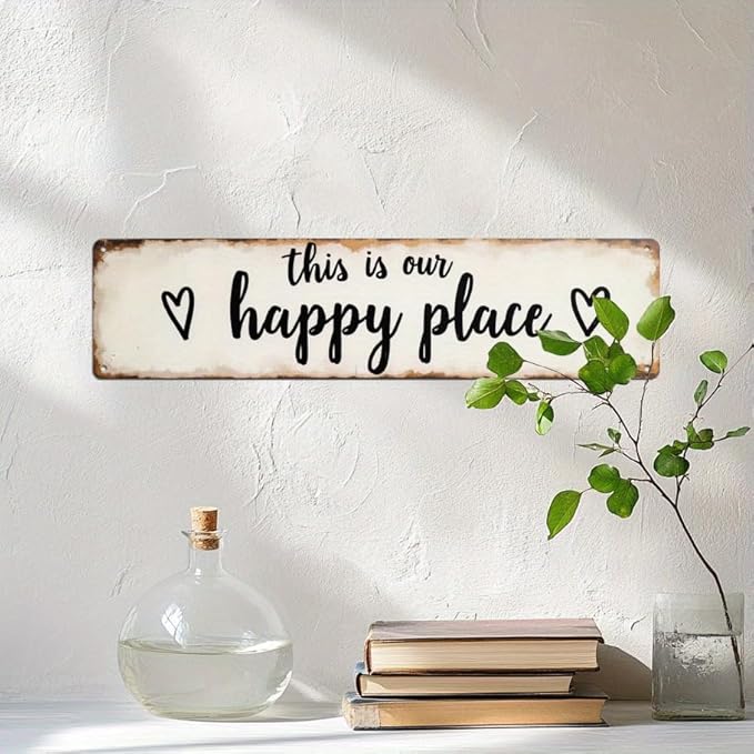 This is Our Happy Place Metal Tin Sign Farmhouse Style Wall Decor for Living Room Bedroom Kitchen Entryway Farmhouse Decor 4x16 Inch