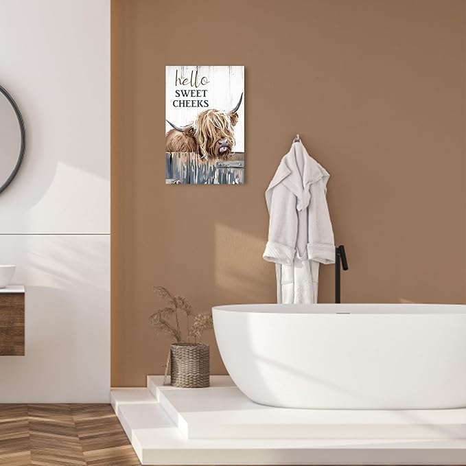 Highland Cow Pictures Wall Decor:Hello Sweet Cheeks Bathroom Decor Cow Paintings Canvas Prints Poster Rustic Farmhouse Highland Cow Wall Art Country Living Room Bedroom Home Decor 10" X 15"